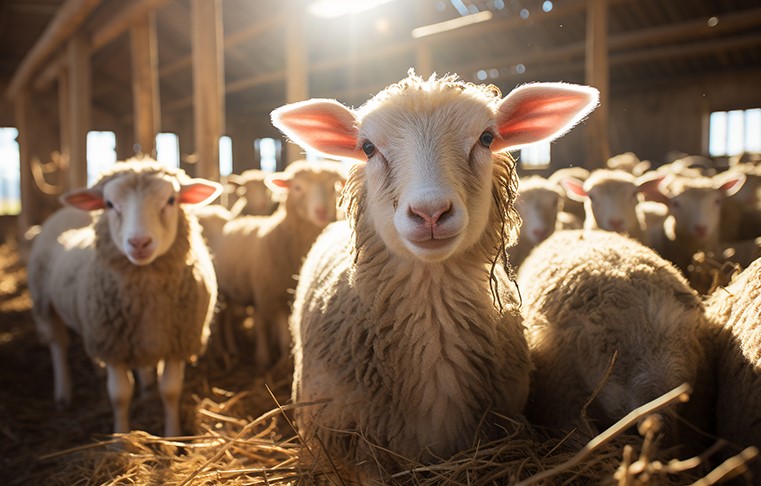 Cute lamb grazing in meadow, looking at camera, outdoors generated by AI