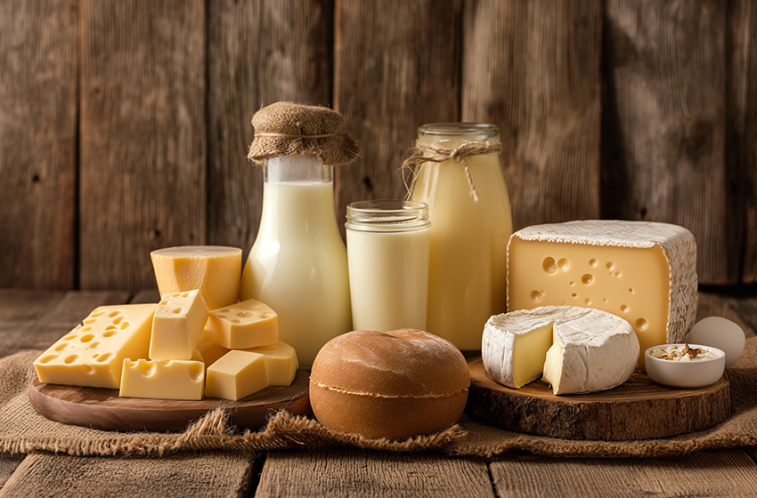 Cheese blocks, sliced cheese, round bread, and milk bottles on wooden table with burlap fabric against a wooden wall